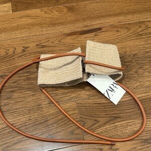 ZARA Beige Woven Bow Belt with Tan Leather like Cord